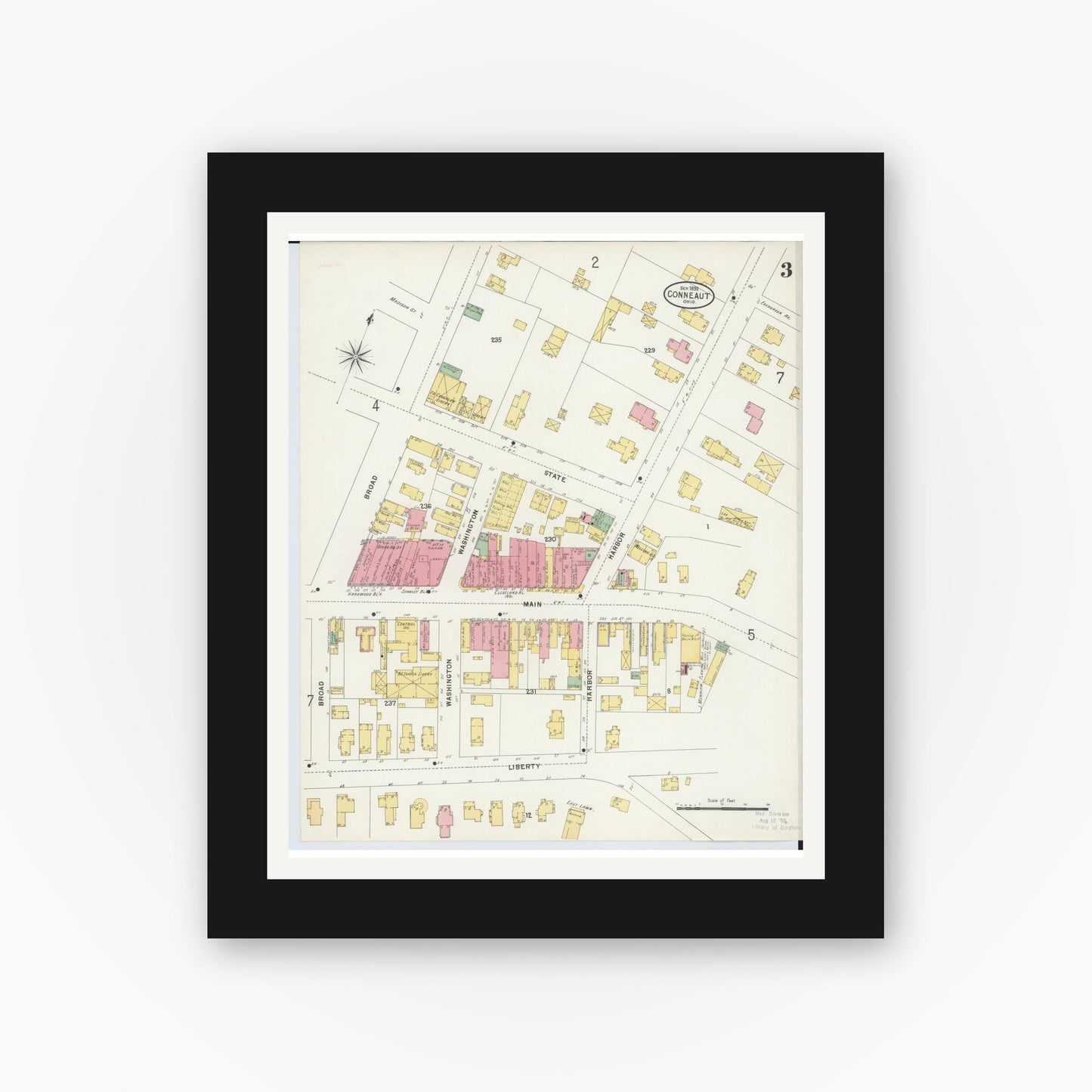 Old map wall art mockup — black gallery frame with white mat — Sanborn Fire Insurance Map from Conneaut, Ashtabula County, Ohio (1898), Sheet #0003