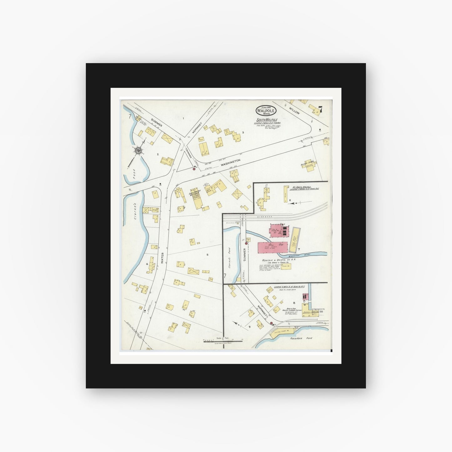 Old map wall art mockup — black gallery frame with white mat — Sanborn Fire Insurance Map from Walpole, Norfolk County, Massachusetts (1918), Sheet #0007