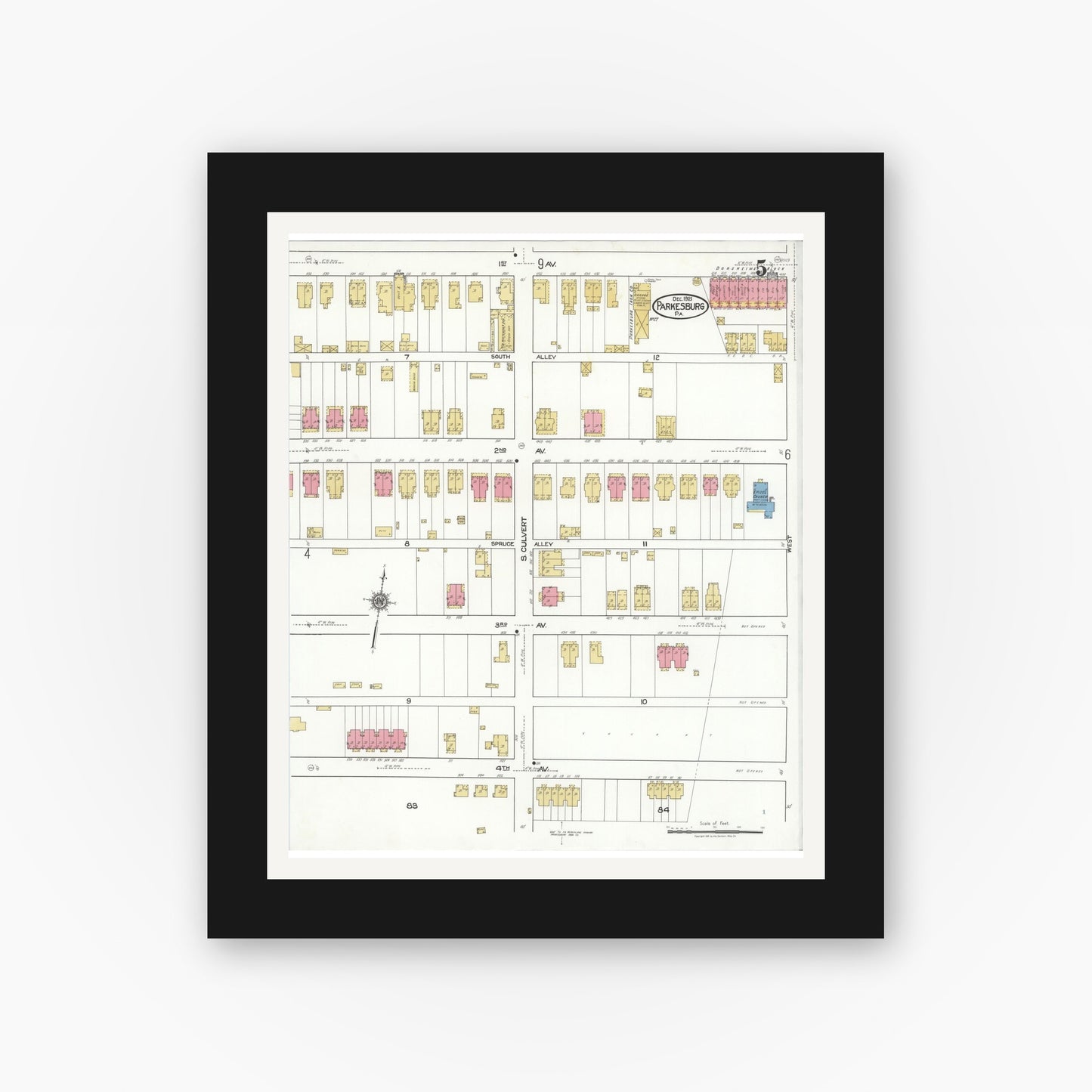 Old map wall art mockup — black gallery frame with white mat — Sanborn Fire Insurance Map from Parkesburg, Chester County, Pennsylvania (1921), Sheet #0005
