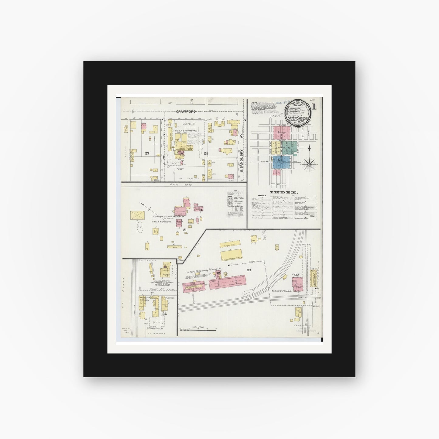 Old map wall art mockup — black gallery frame with white mat — Sanborn Fire Insurance Map from Upper Sandusky, Wyandot County, Ohio (1892) - Complete Map Set