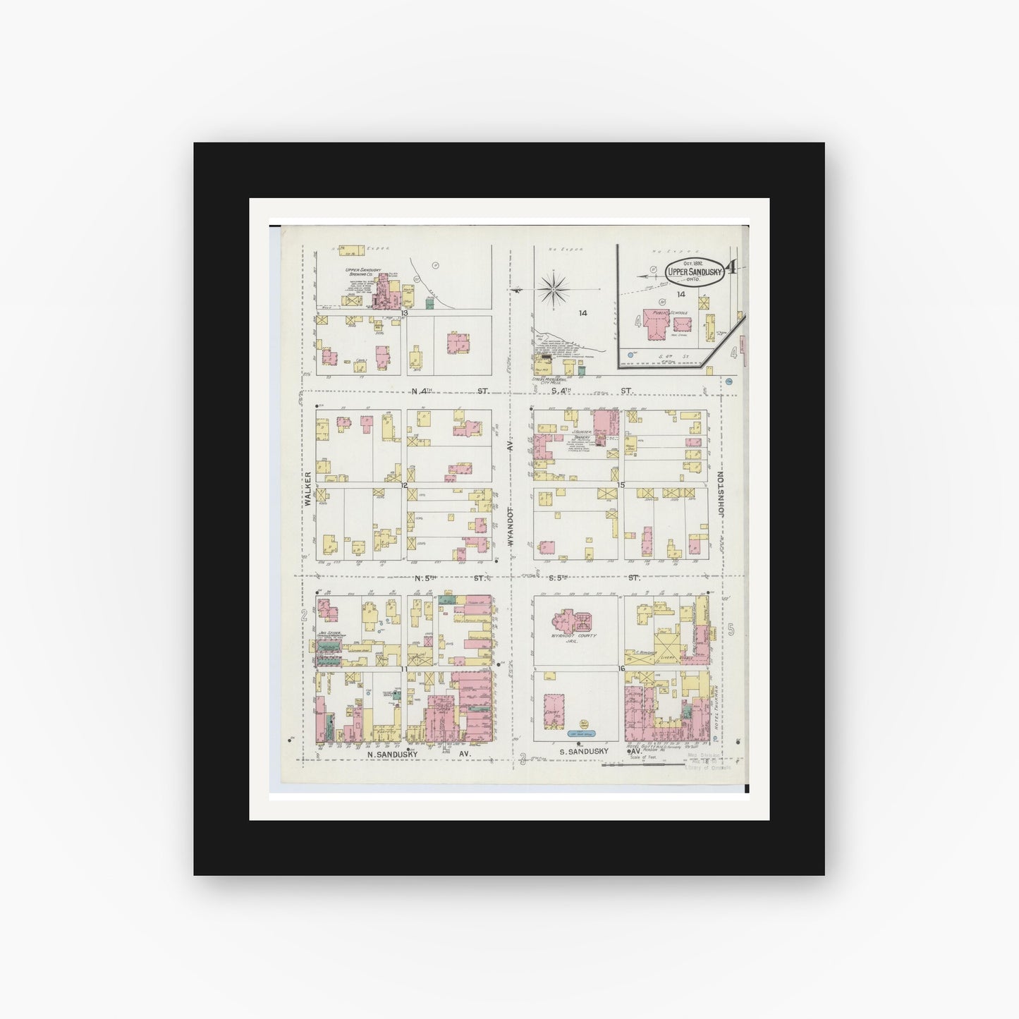 Old map wall art mockup — black gallery frame with white mat — Sanborn Fire Insurance Map from Upper Sandusky, Wyandot County, Ohio (1892), Sheet #0004