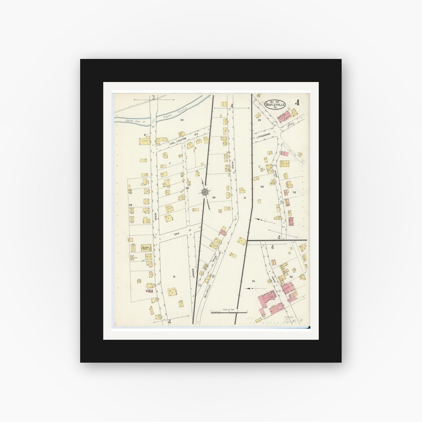 Old map wall art mockup — black gallery frame with white mat — Sanborn Fire Insurance Map from Bentleyville, Washington County, Pennsylvania (1913), Sheet #0004