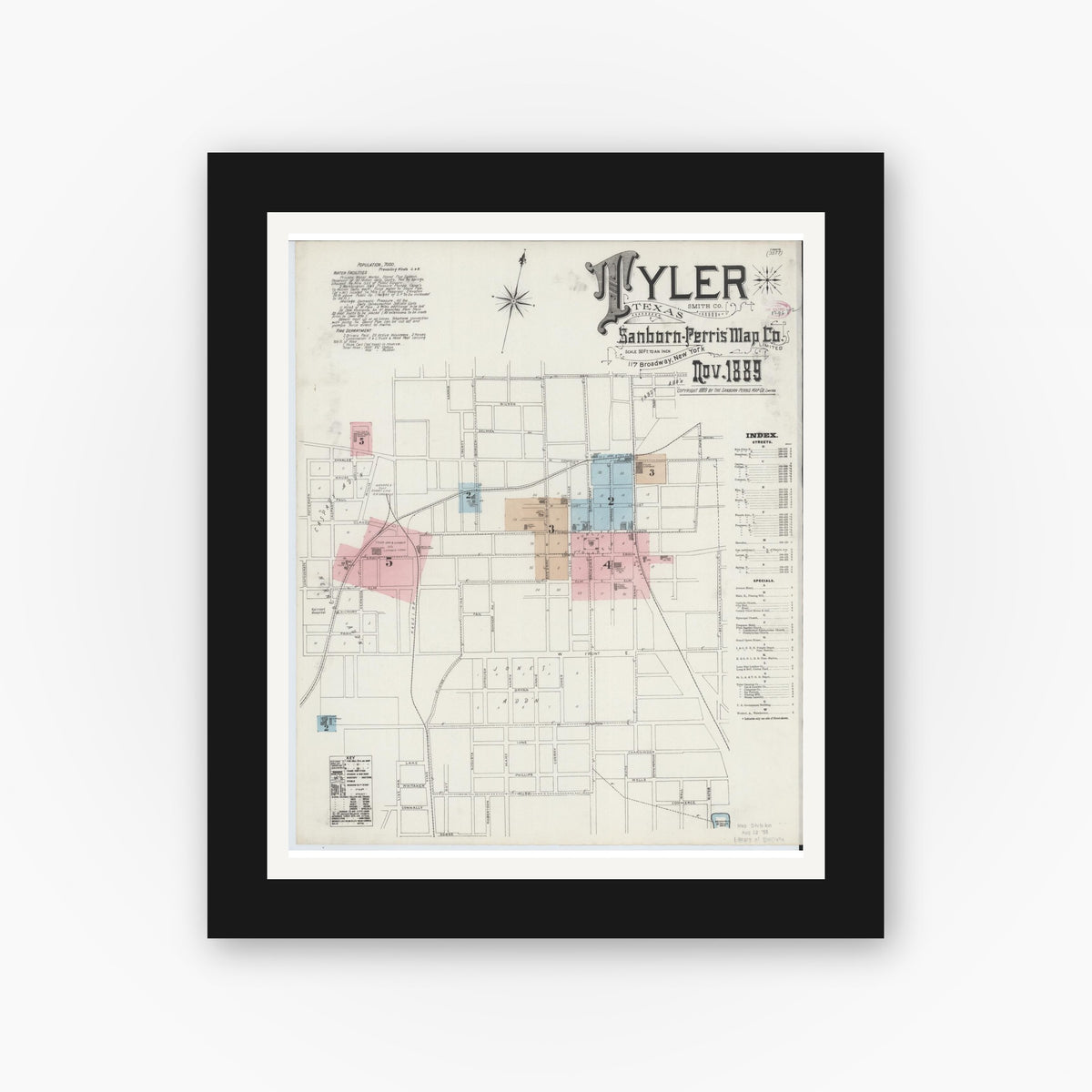 Old map wall art mockup — black gallery frame with white mat — Sanborn Map from Tyler, Smith County, Texas (1889), Sheet #0001