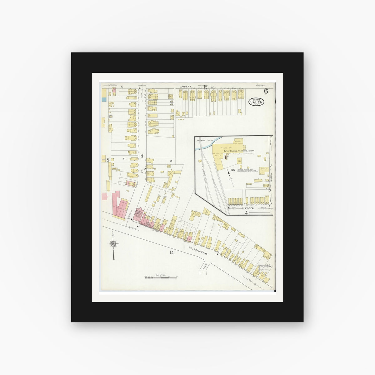Old map wall art mockup — black gallery frame with white mat — Sanborn Fire Insurance Map from Salem, Salem County, New Jersey (1915), Sheet #0006