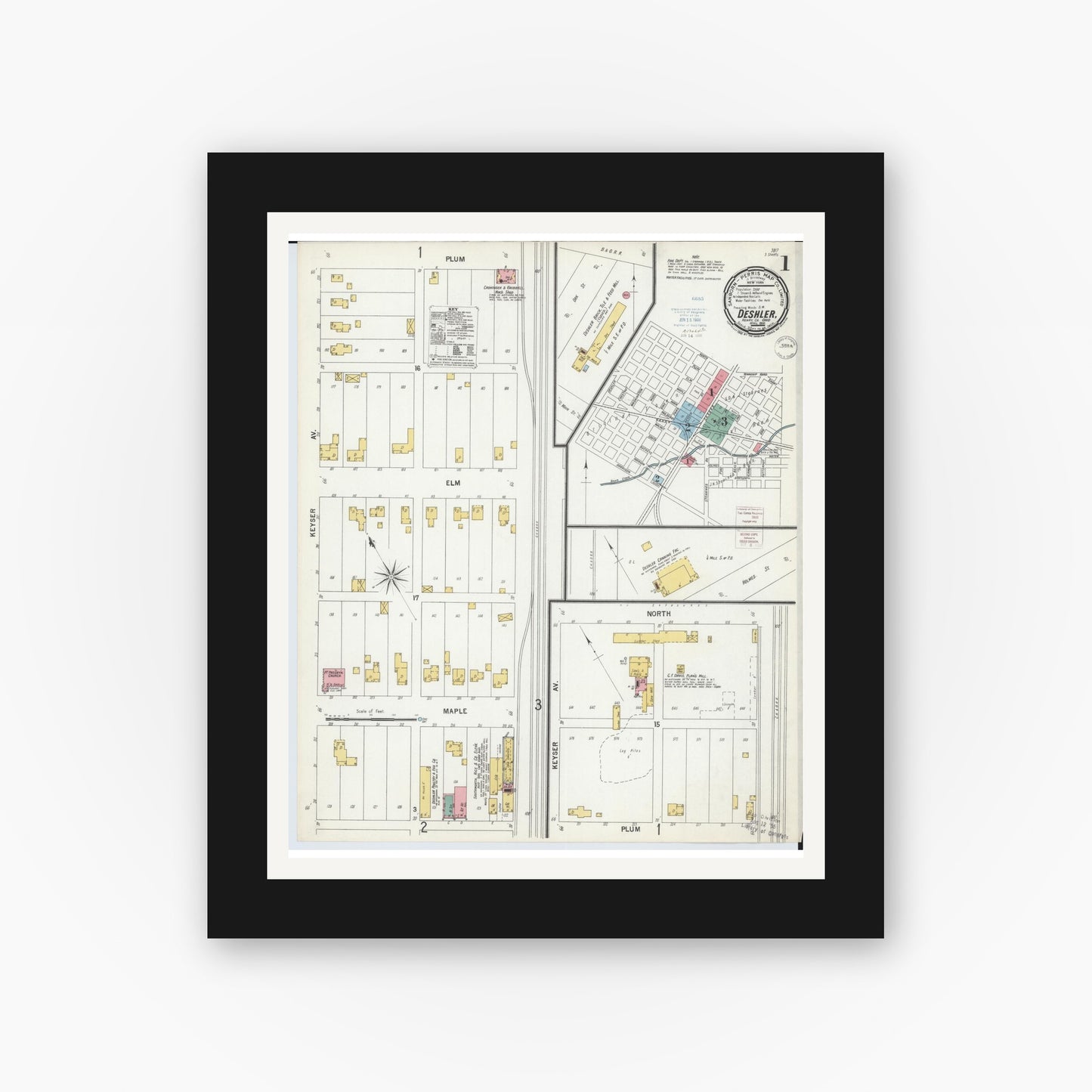 Old map wall art mockup β black gallery frame with white mat β Sanborn Fire Insurance Map from Deshler, Henry County, Ohio (1900) - Complete Map Set