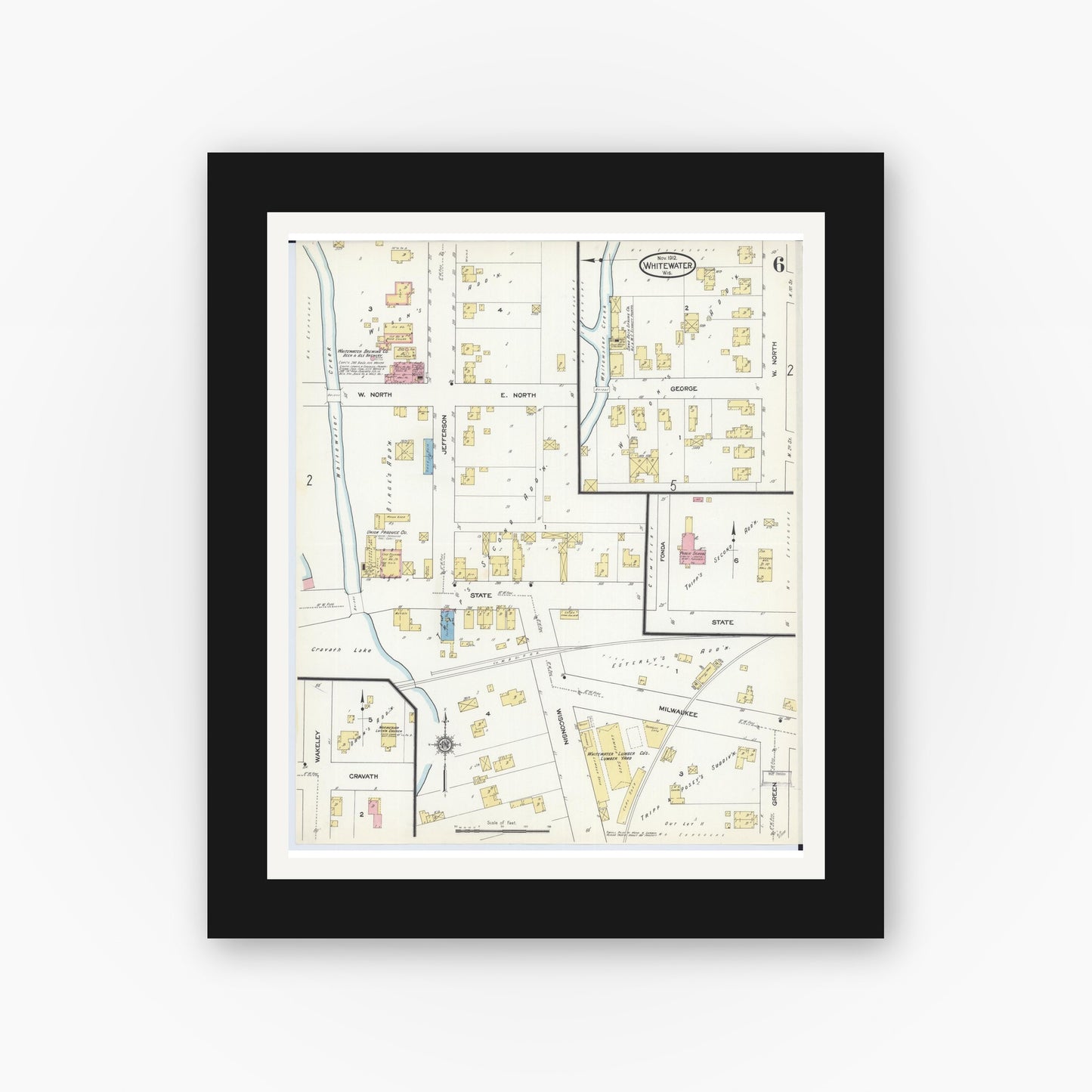 Old map wall art mockup — black gallery frame with white mat — Sanborn Fire Insurance Map from Whitewater, Walworth County, Wisconsin (1912), Sheet #0006
