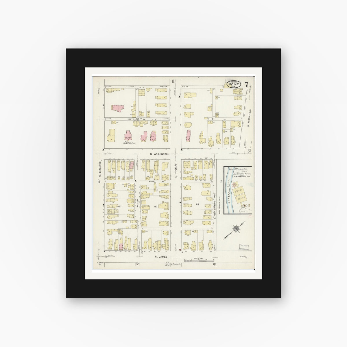 Old map wall art mockup — black gallery frame with white mat — Sanborn Fire Insurance Map from Rome, Oneida County, New York (1914), Sheet #0007