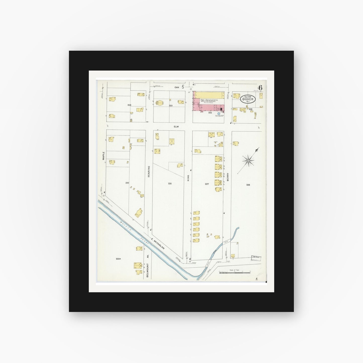 Old map wall art mockup — black gallery frame with white mat — Sanborn Fire Insurance Map from Dover, Morris County, New Jersey (1909), Sheet #0006