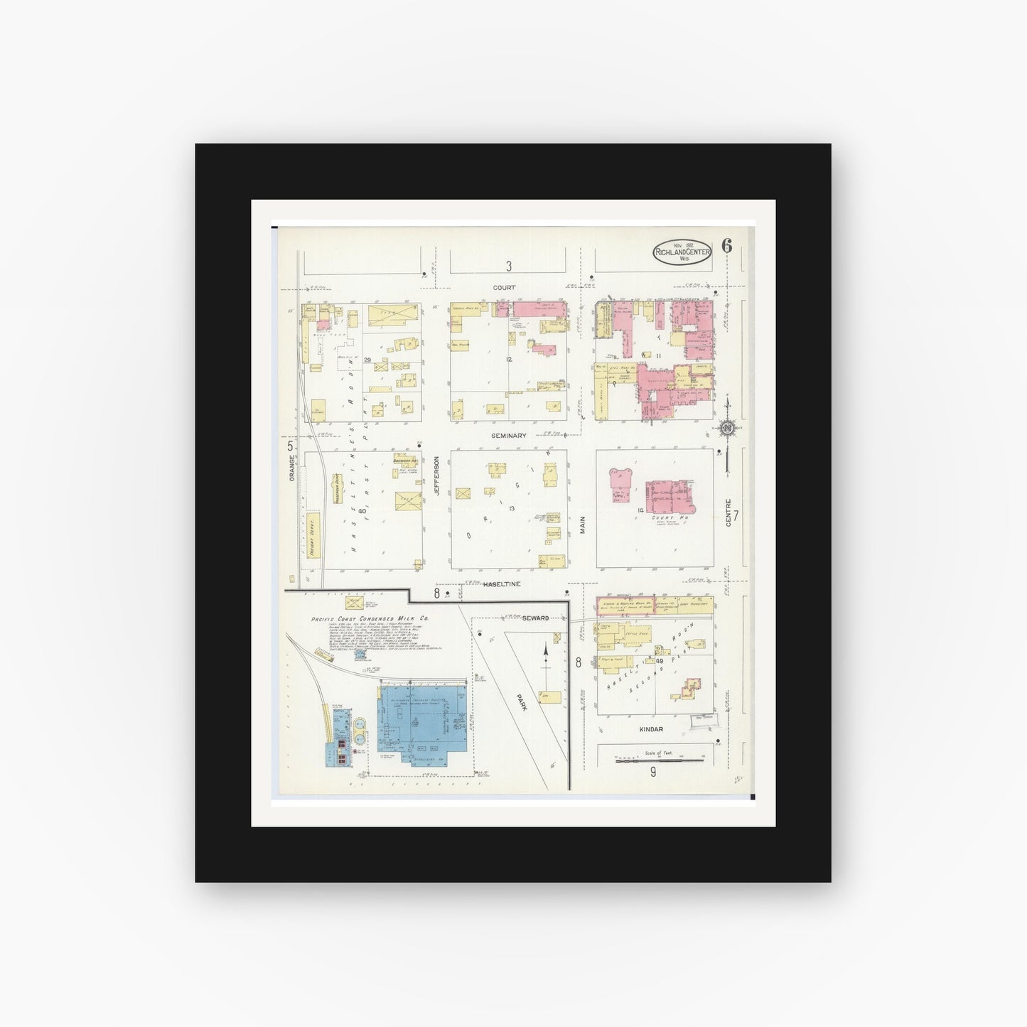 Old map wall art mockup — black gallery frame with white mat — Sanborn Fire Insurance Map from Richland Center, Richland County, Wisconsin (1912), Sheet #0006