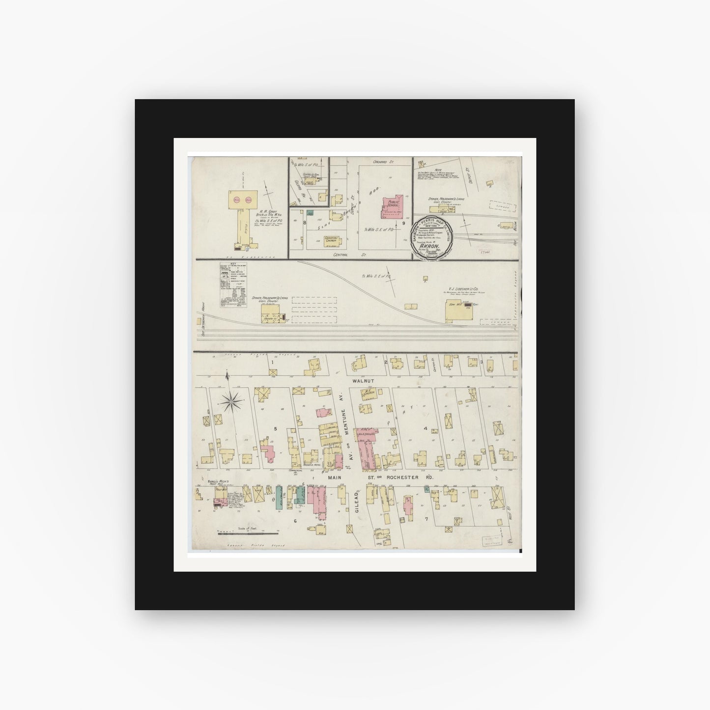 Old map wall art mockup — black gallery frame with white mat — Sanborn Fire Insurance Map from Akron, Fulton County, Indiana (1896), Sheet #0001