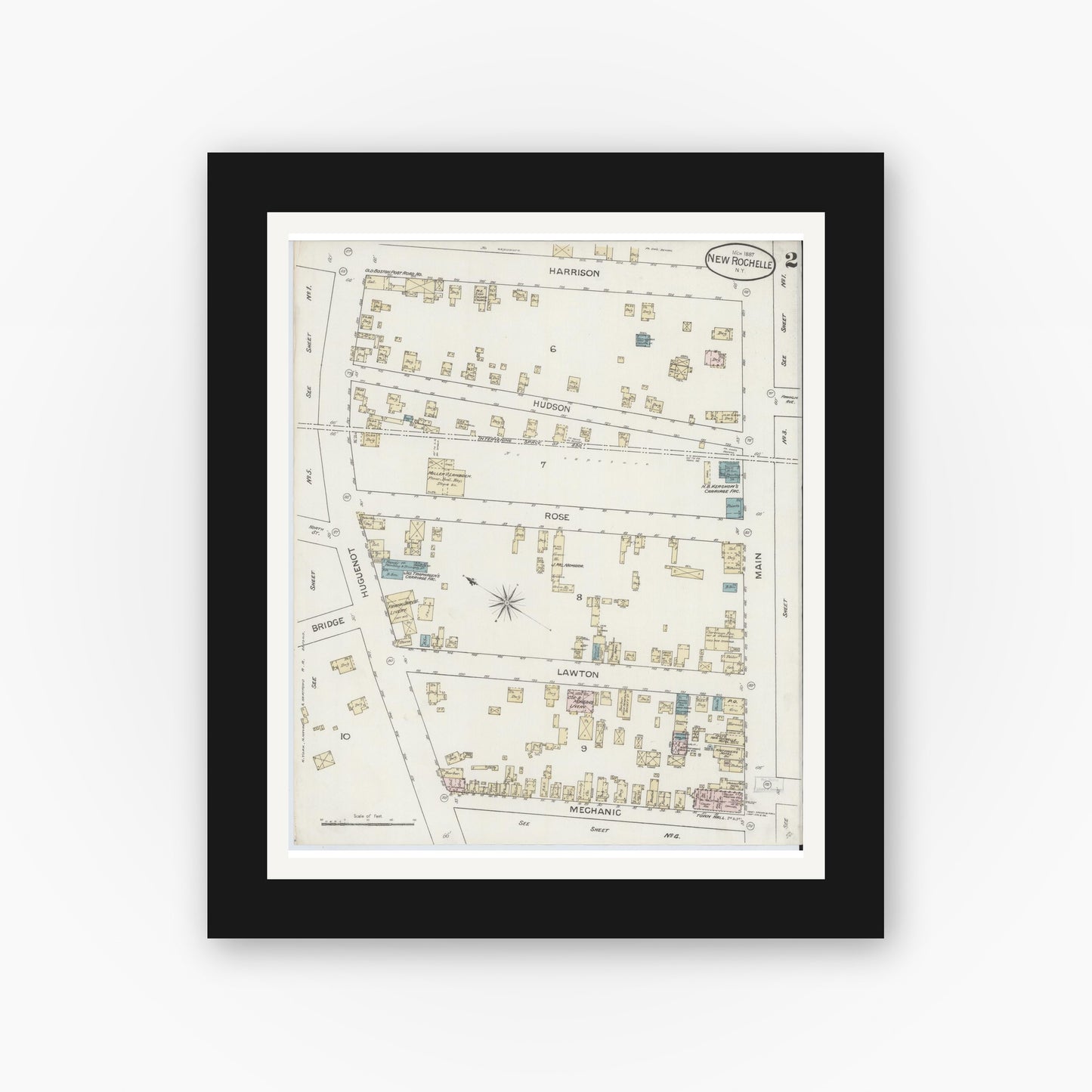 Old map wall art mockup — black gallery frame with white mat — Sanborn Fire Insurance Map from New Rochelle, Westchester County, New York (1887), Sheet #0002