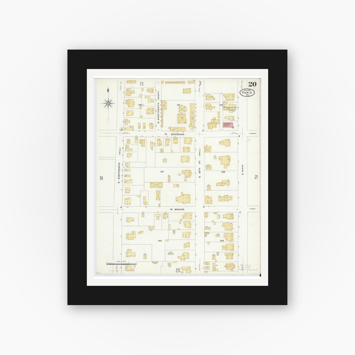 Old map wall art mockup — black gallery frame with white mat — Sanborn Fire Insurance Map from Paris, Lamar County, Texas (1908), Sheet #0020