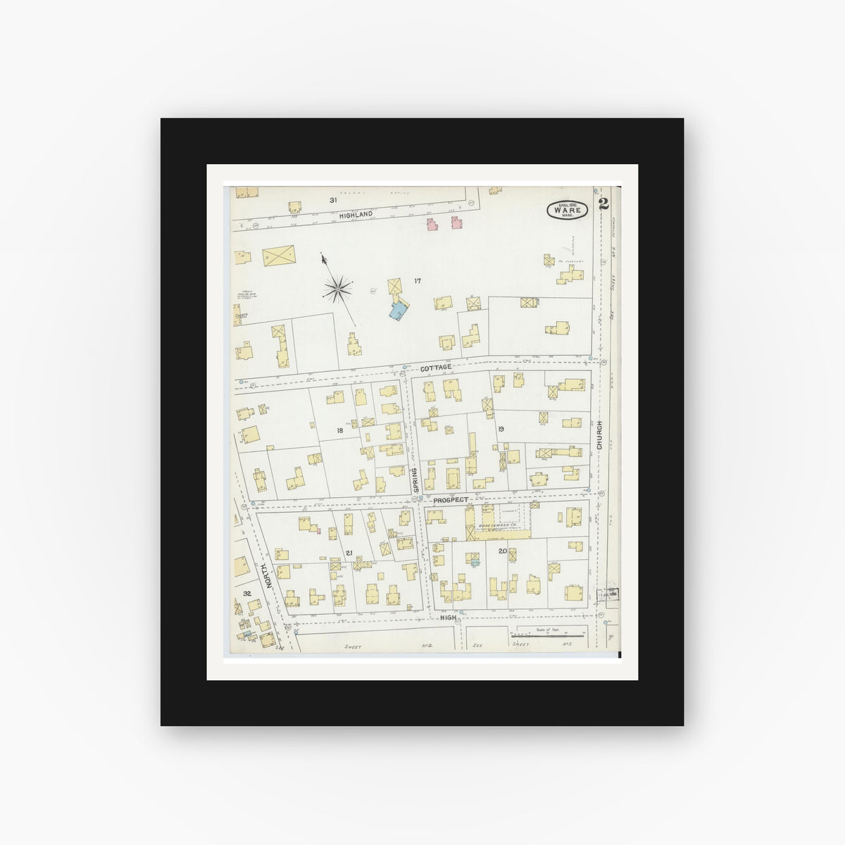 Old map wall art mockup — black gallery frame with white mat — Sanborn Fire Insurance Map from Ware, Hampshire County, Massachusetts (1892), Sheet #0002