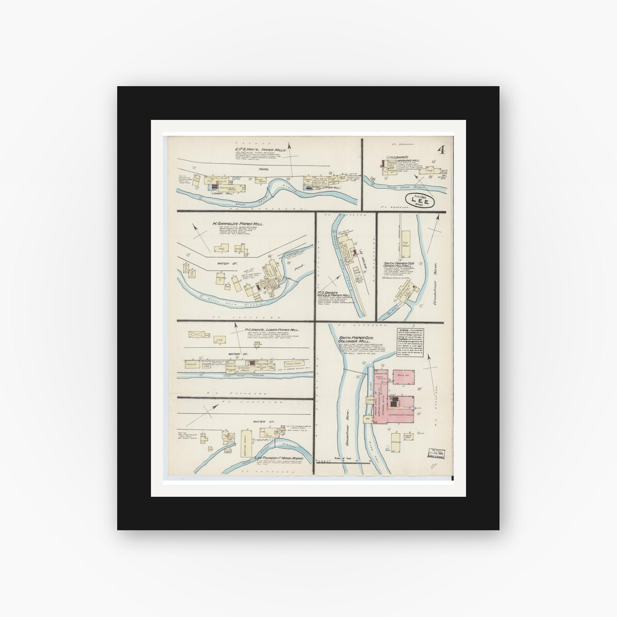 Old map wall art mockup — black gallery frame with white mat — Sanborn Fire Insurance Map from Lee, Berkshire County, Massachusetts (1884), Sheet #0004