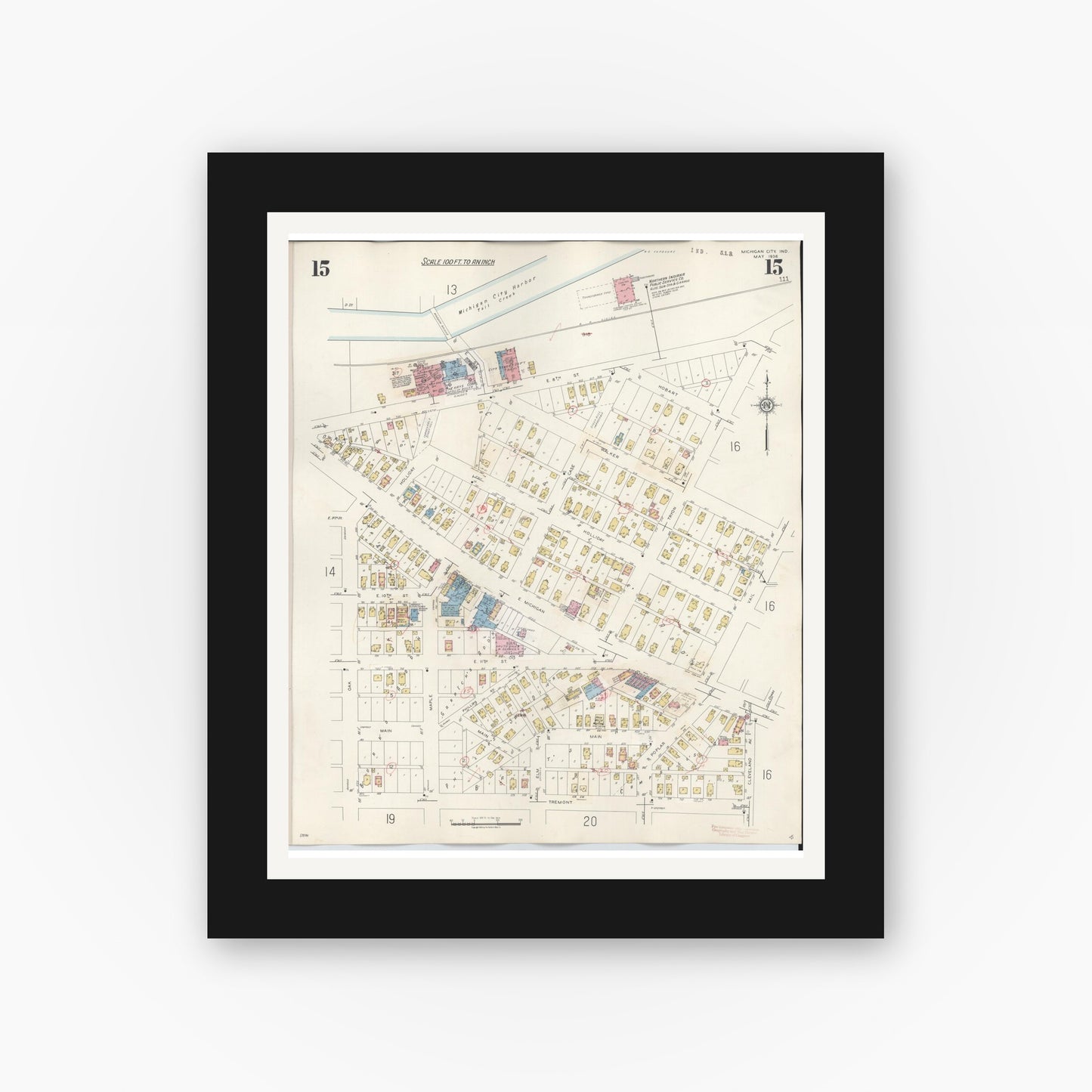 Old map wall art mockup — black gallery frame with white mat — Sanborn Fire Insurance Map from Michigan City, La Porte County, Indiana (1948), Sheet #0015