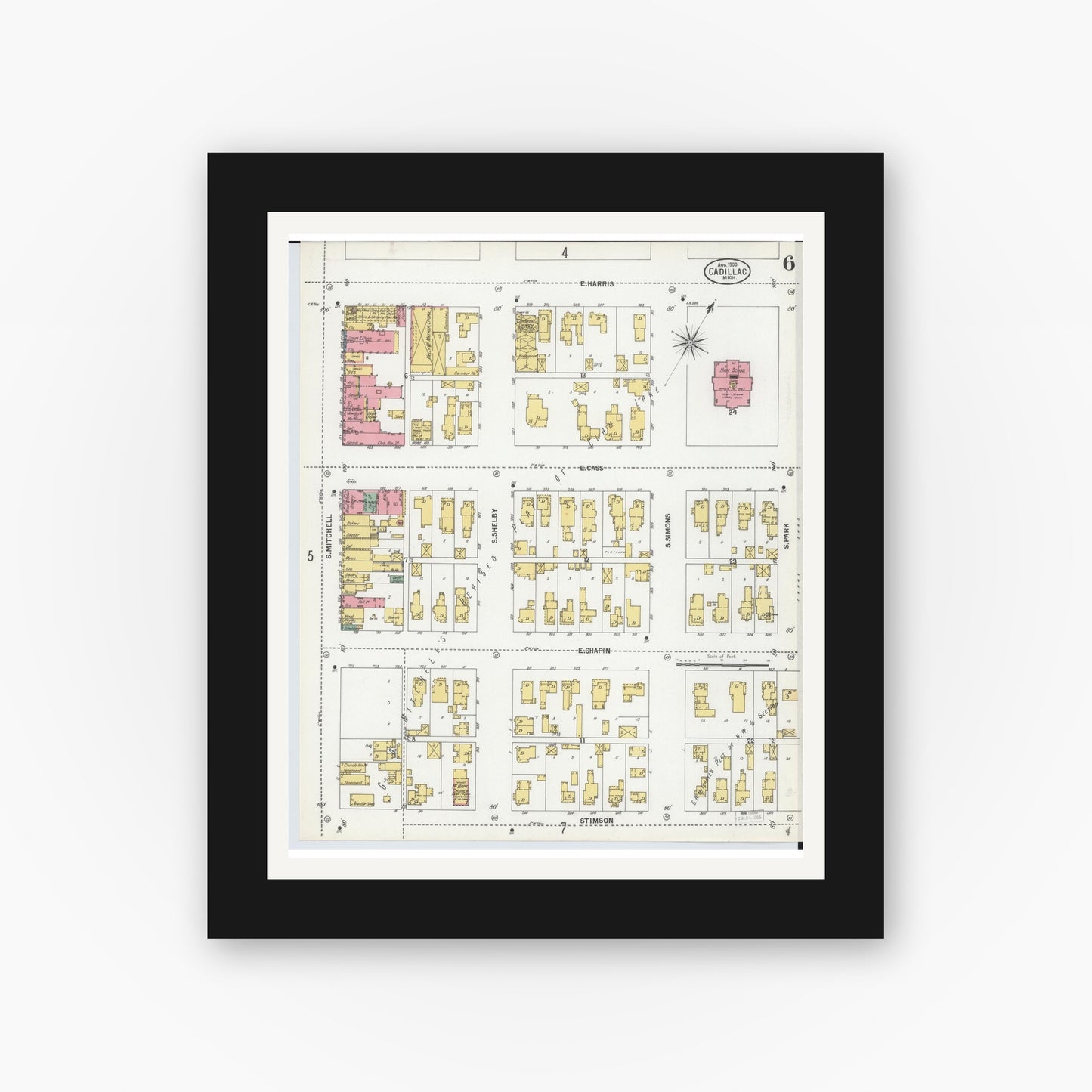 Old map wall art mockup — black gallery frame with white mat — Sanborn Fire Insurance Map from Cadillac, Wexford County, Michigan (1900), Sheet #0006