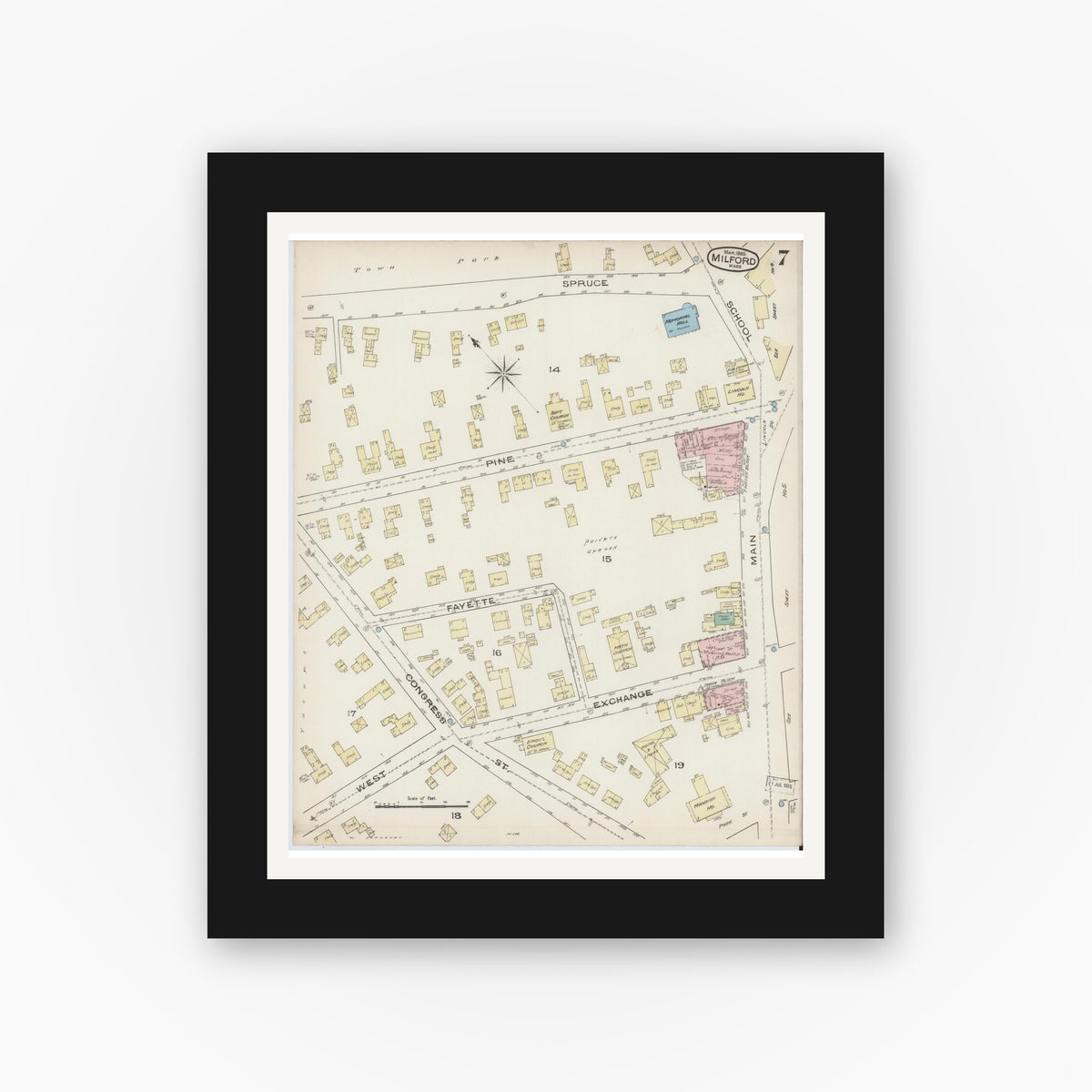 Old map wall art mockup — black gallery frame with white mat — Sanborn Fire Insurance Map from Milford, Worcester County, Massachusetts (1885), Sheet #0007