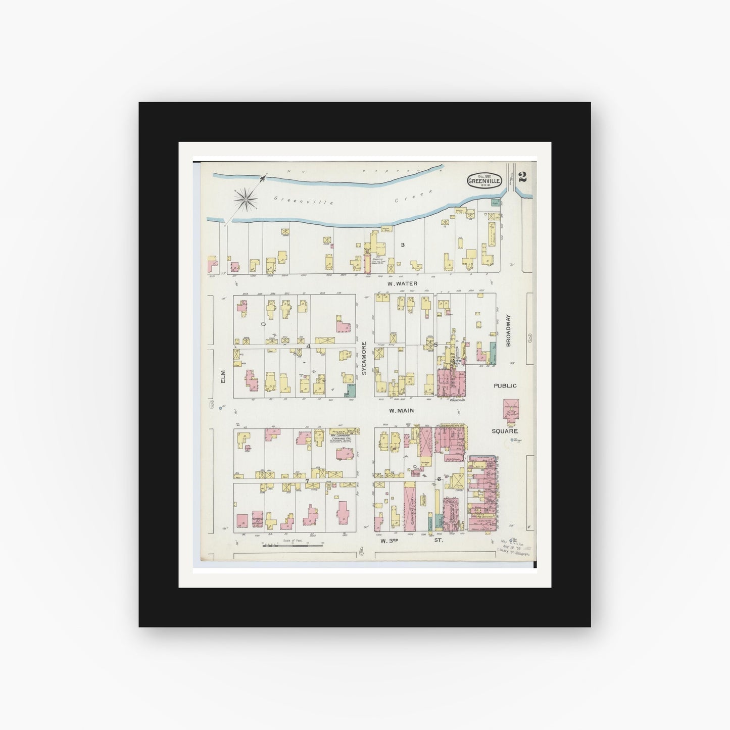 Old map wall art mockup — black gallery frame with white mat — Sanborn Fire Insurance Map from Greenville, Darke County, Ohio (1892), Sheet #0002