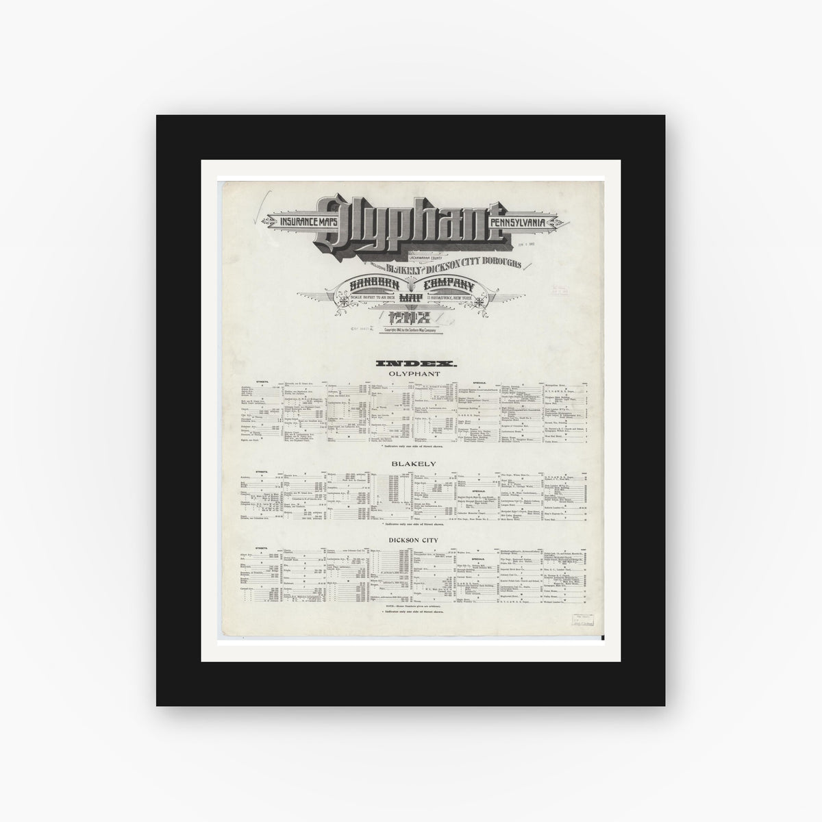 Old map wall art mockup — black gallery frame with white mat — Sanborn Fire Insurance Map from Olyphant, Lackawanna County, Pennsylvania (1912), Sheet #0001