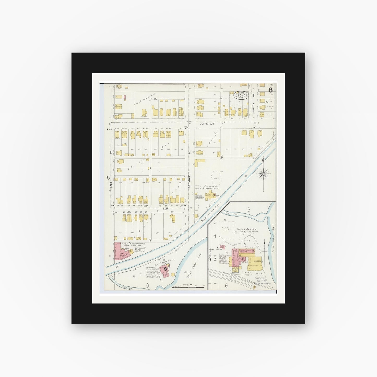 Old map wall art mockup — black gallery frame with white mat — Sanborn Fire Insurance Map from Sidney, Shelby County, Ohio (1898), Sheet #0006