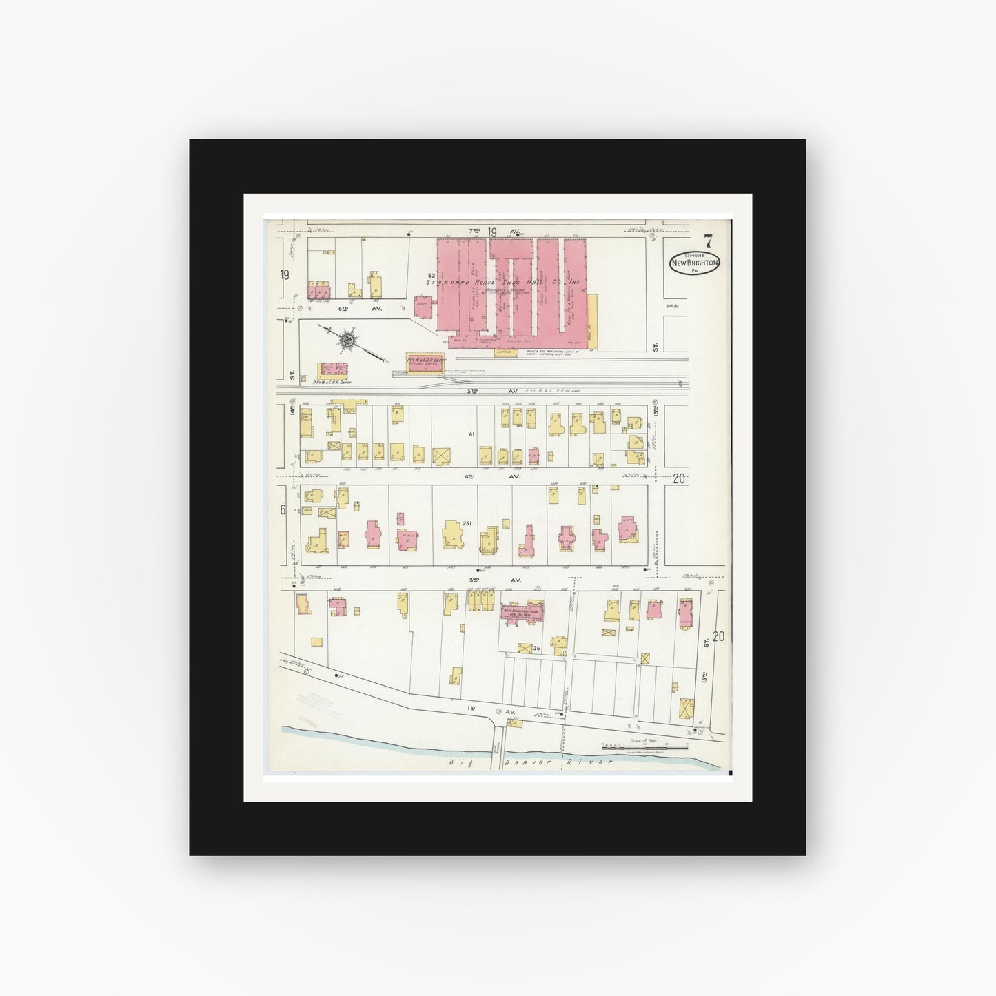 Old map wall art mockup — black gallery frame with white mat — Sanborn Fire Insurance Map from New Brighton, Beaver County, Pennsylvania (1918), Sheet #0007