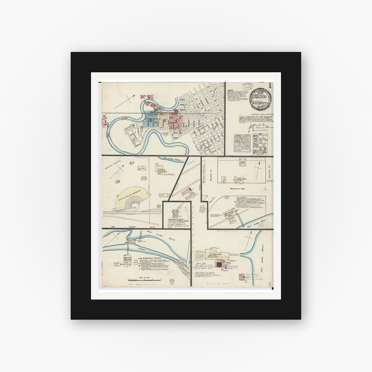 Old map wall art mockup — black gallery frame with white mat — Sanborn Fire Insurance Map from Crookston, Polk County, Minnesota (1884) - Complete Map Set