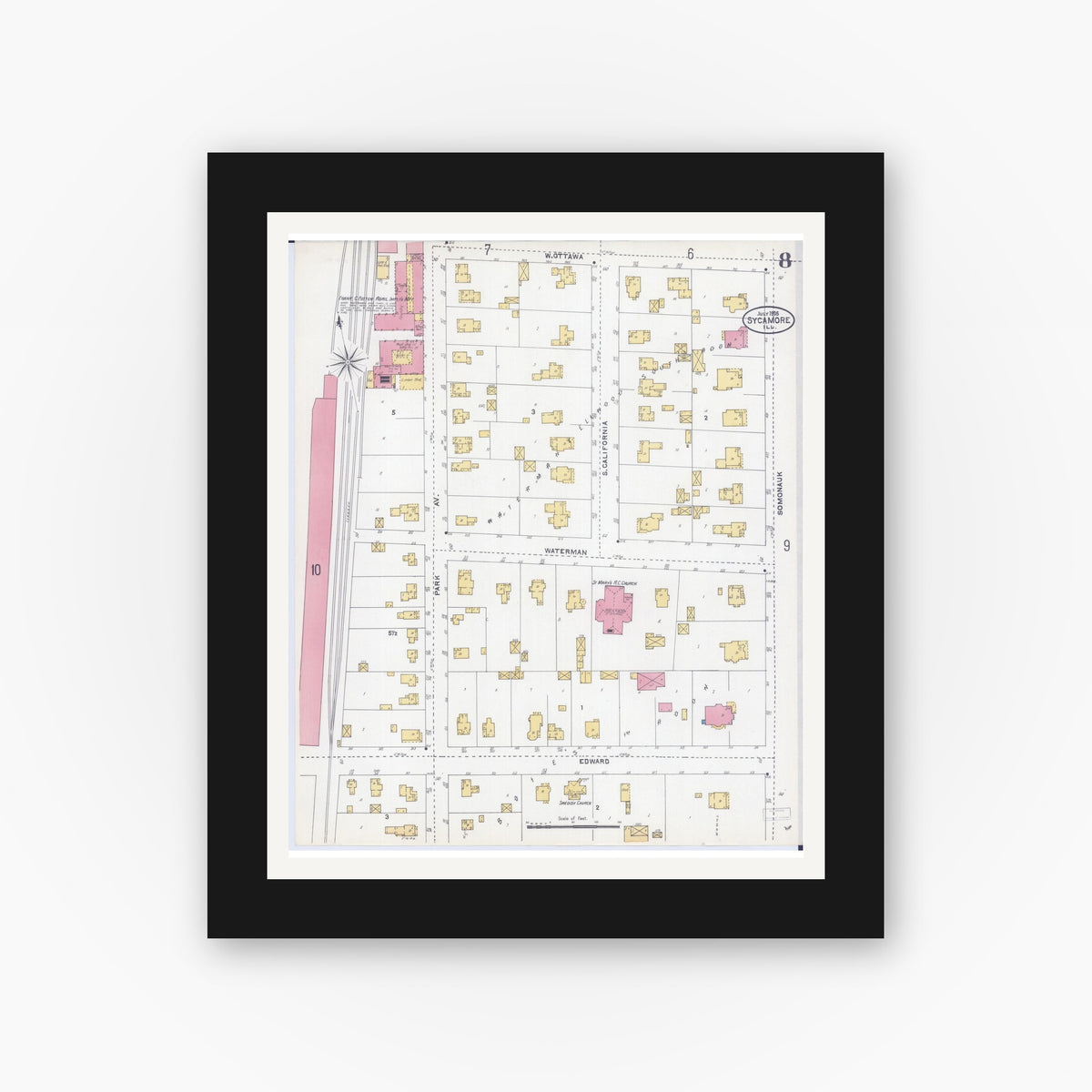 Old map wall art mockup — black gallery frame with white mat — Sanborn Fire Insurance Map from Sycamore, De Kalb County, Illinois (1905), Sheet #0008