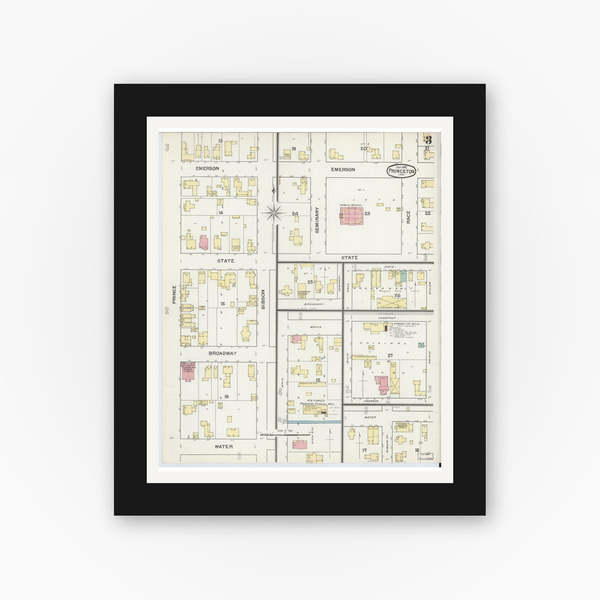 Old map wall art mockup — black gallery frame with white mat — Sanborn Fire Insurance Map from Princeton, Gibson County, Indiana (1892), Sheet #0003