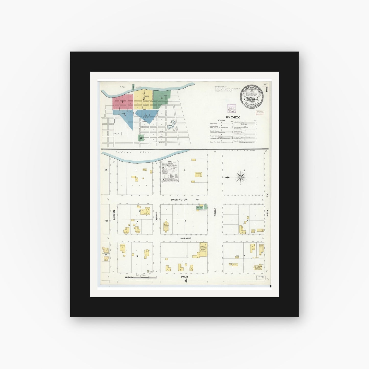 Old map wall art mockup — black gallery frame with white mat — Sanborn Fire Insurance Map from Titusville, Brevard County, Florida (1908) - Complete Map Set