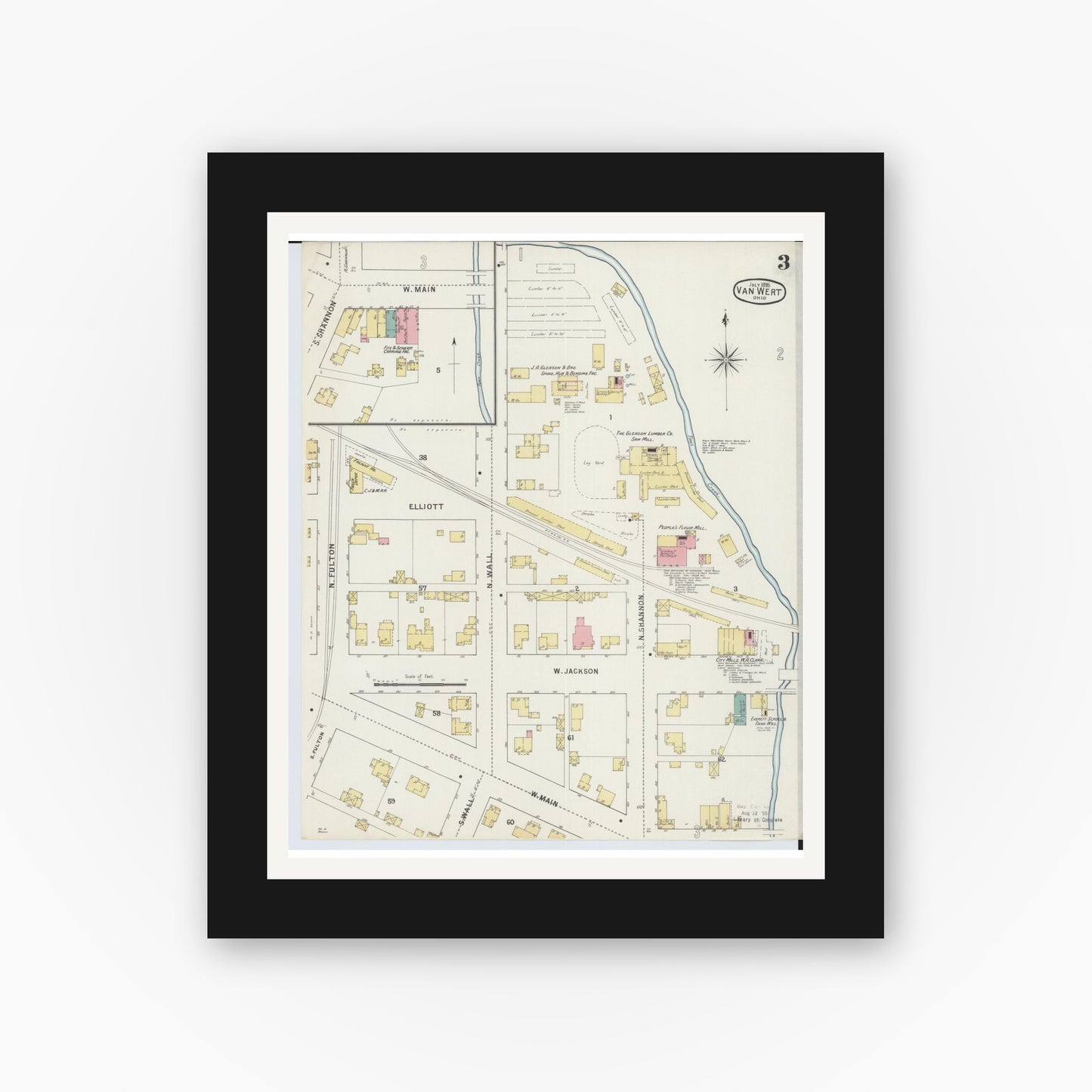 Old map wall art mockup — black gallery frame with white mat — Sanborn Fire Insurance Map from Van Wert, Van Wert County, Ohio (1895), Sheet #0003