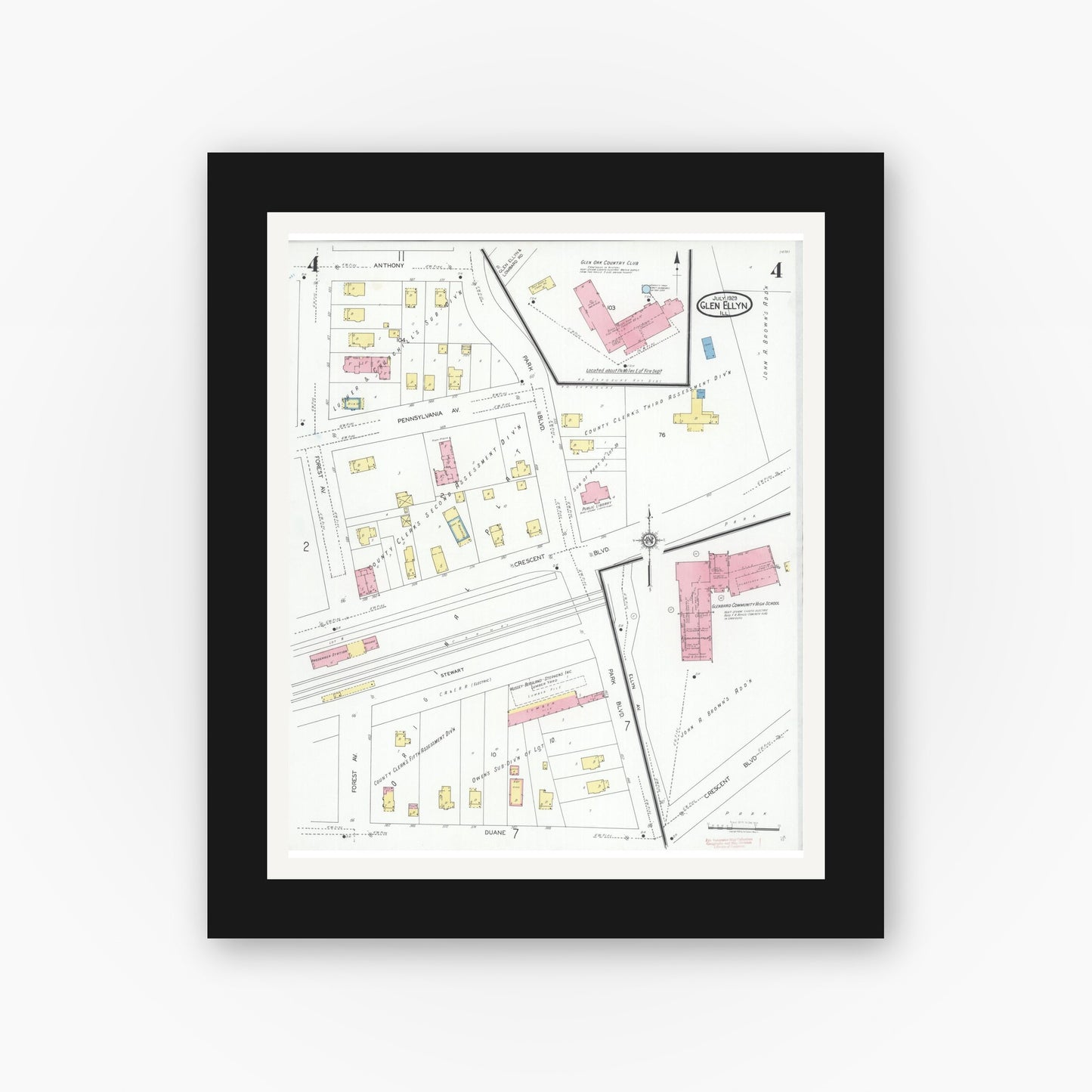 Old map wall art mockup — black gallery frame with white mat — Sanborn Fire Insurance Map from Glen Ellyn, Du Page County, Illinois (1929), Sheet #0004