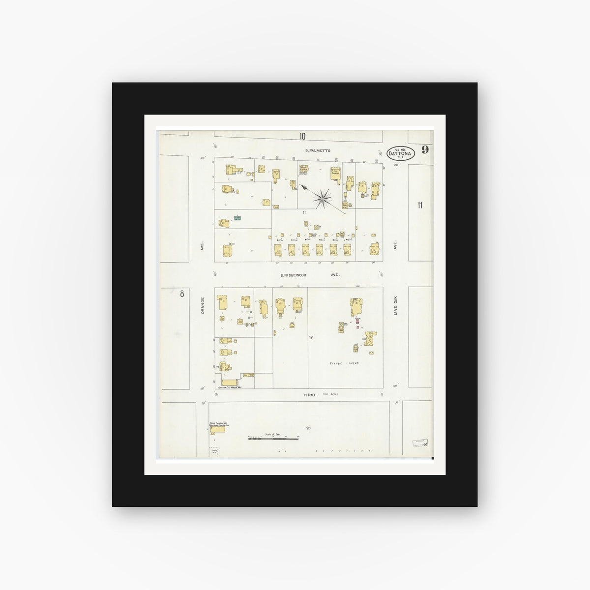 Old map wall art mockup — black gallery frame with white mat — Sanborn Fire Insurance Map from Daytona, Volusia County, Florida (1906), Sheet #0009