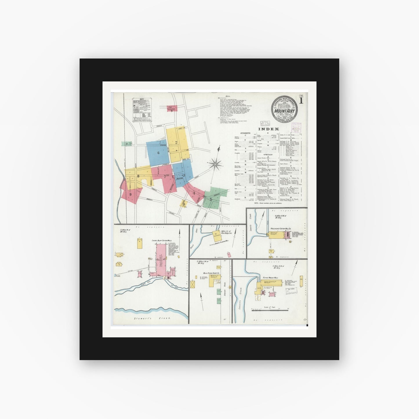 Old map wall art mockup — black gallery frame with white mat — Sanborn Fire Insurance Map from Mount Airy, Surry County, North Carolina (1905) - Complete Map Set
