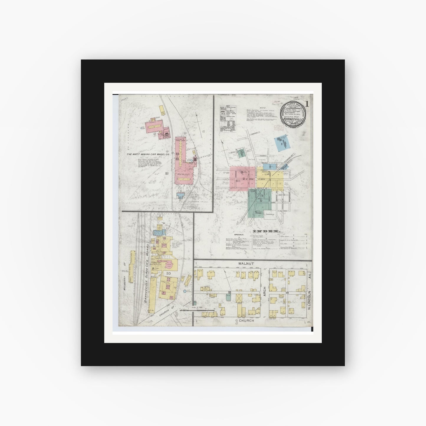 Old map wall art mockup — black gallery frame with white mat — Sanborn Fire Insurance Map from Barnesville, Belmont County, Ohio (1893), Sheet #0001