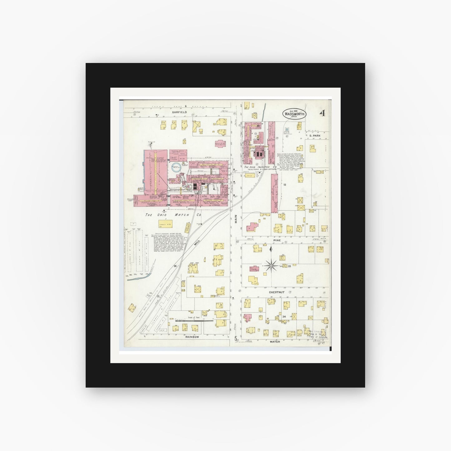 Old map wall art mockup — black gallery frame with white mat — Sanborn Fire Insurance Map from Wadsworth, Medina County, Ohio (1908), Sheet #0004