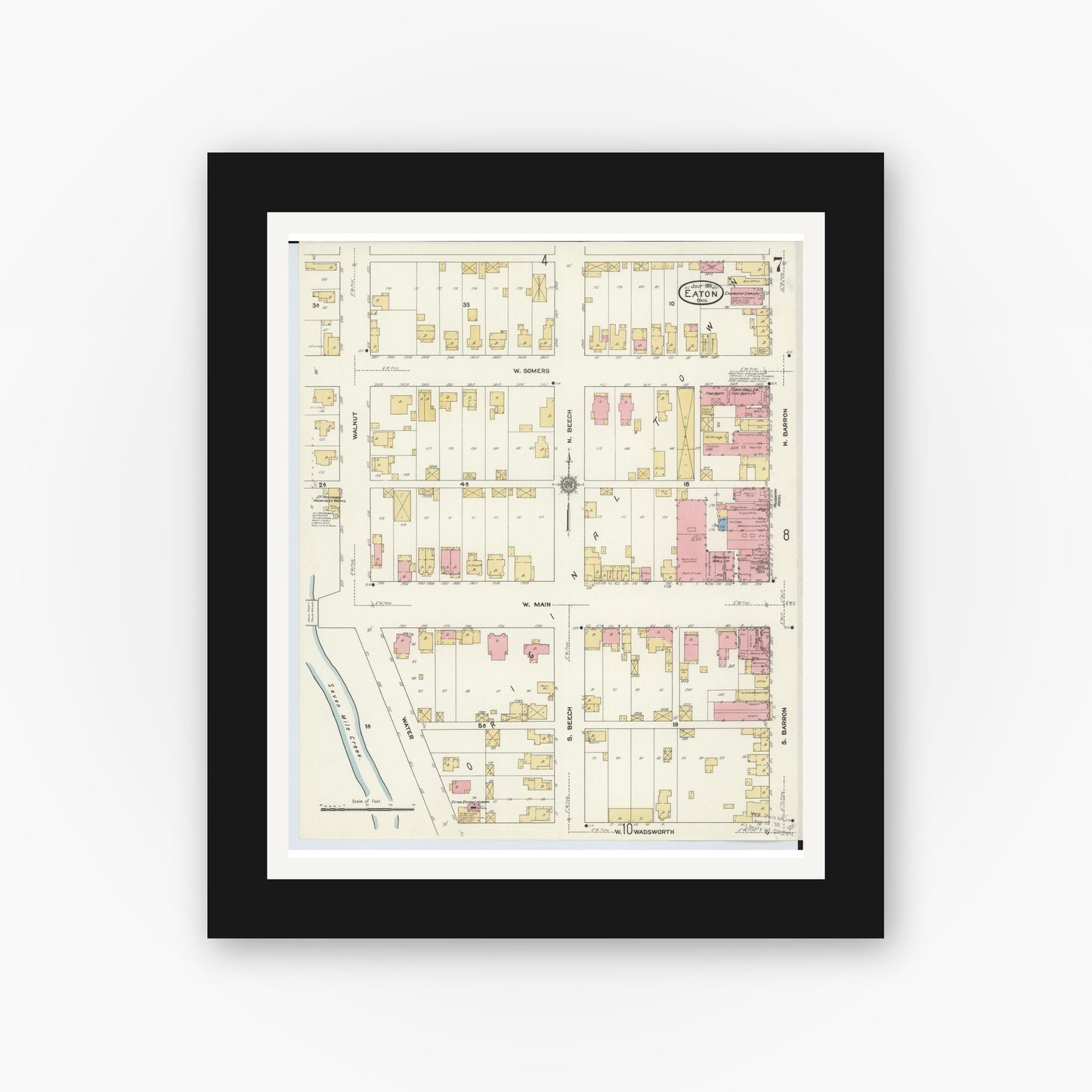 Old map wall art mockup — black gallery frame with white mat — Sanborn Fire Insurance Map from Eaton, Preble County, Ohio (1911), Sheet #0007