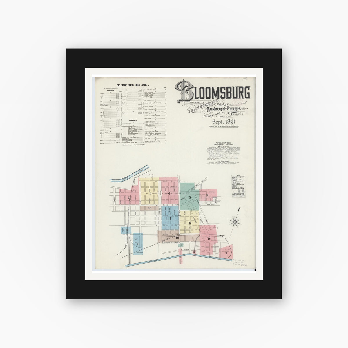 Old map wall art mockup — black gallery frame with white mat — Sanborn Fire Insurance Map from Bloomsburg, Columbia County, Pennsylvania (1891) - Complete Map Set