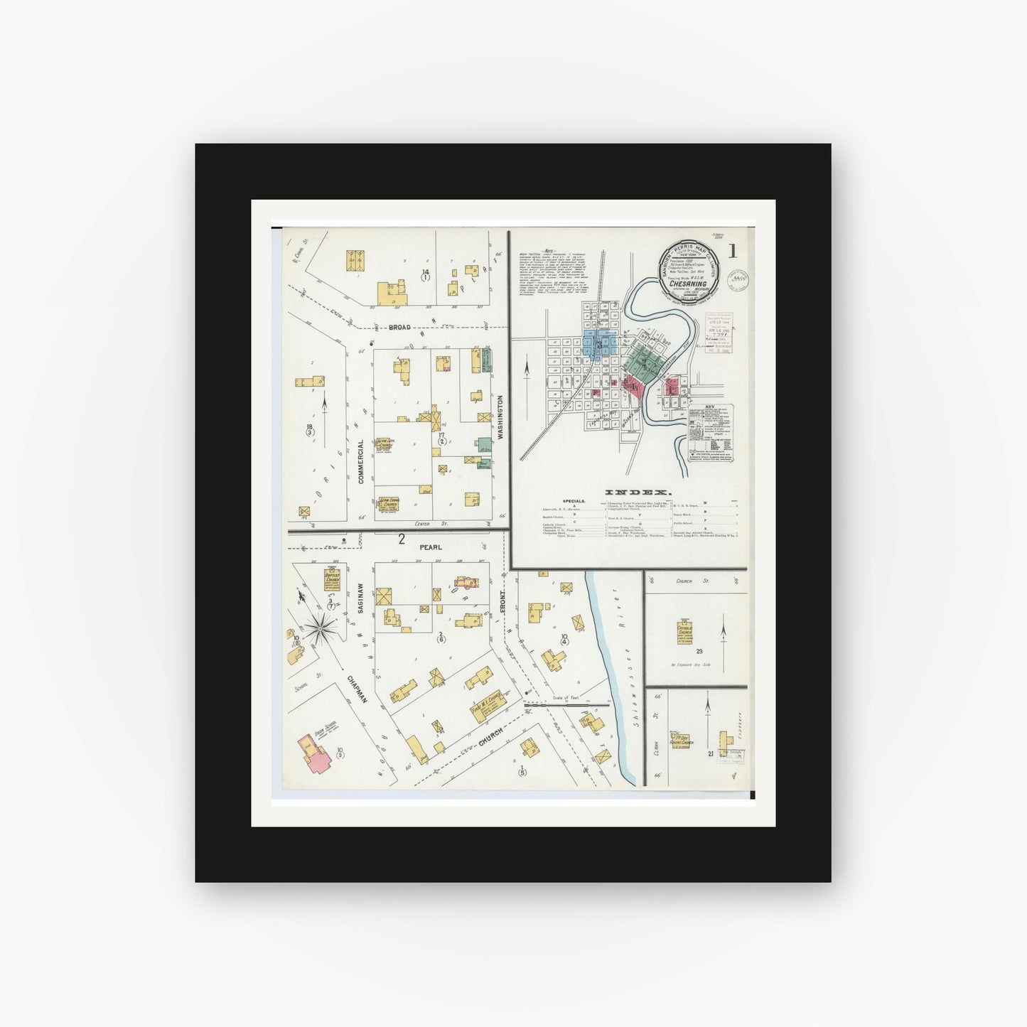Old map wall art mockup β black gallery frame with white mat β Sanborn Fire Insurance Map from Chesaning, Saginaw County, Michigan (1900) - Complete Map Set