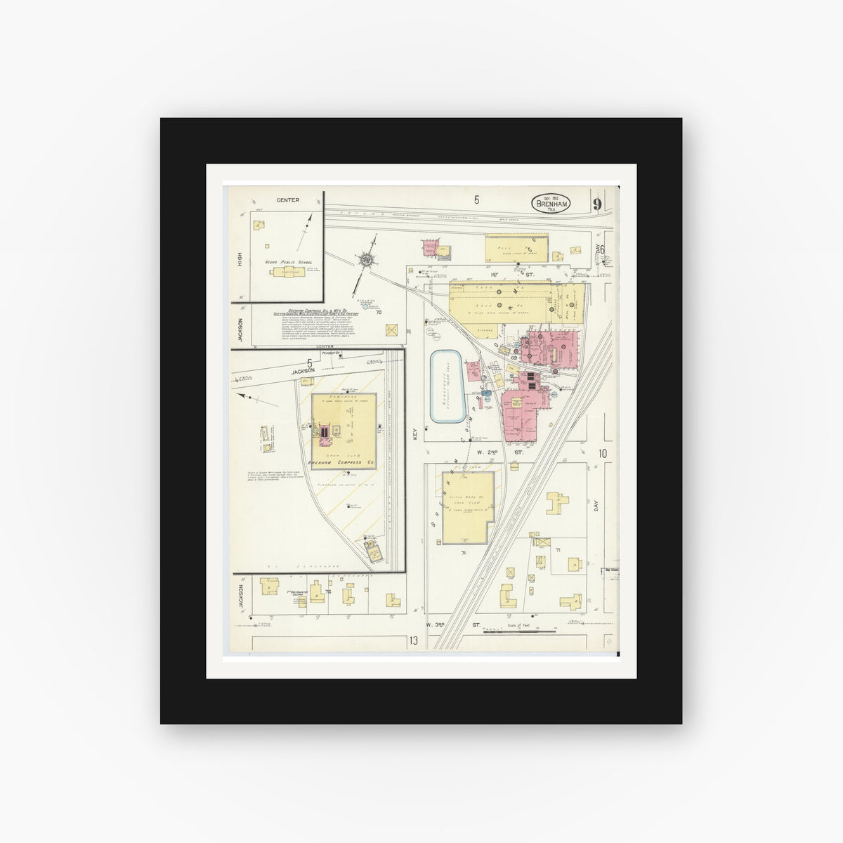 Old map wall art mockup — black gallery frame with white mat — Sanborn Fire Insurance Map from Brenham, Washington County, Texas (1912), Sheet #0009