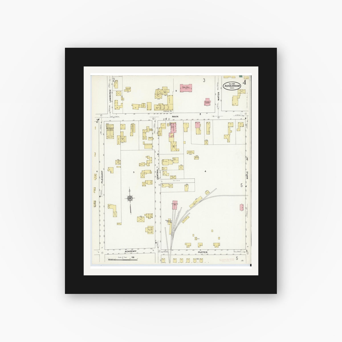 Old map wall art mockup — black gallery frame with white mat — Sanborn Fire Insurance Map from Ashburnham, Worcester County, Massachusetts (1909), Sheet #0004
