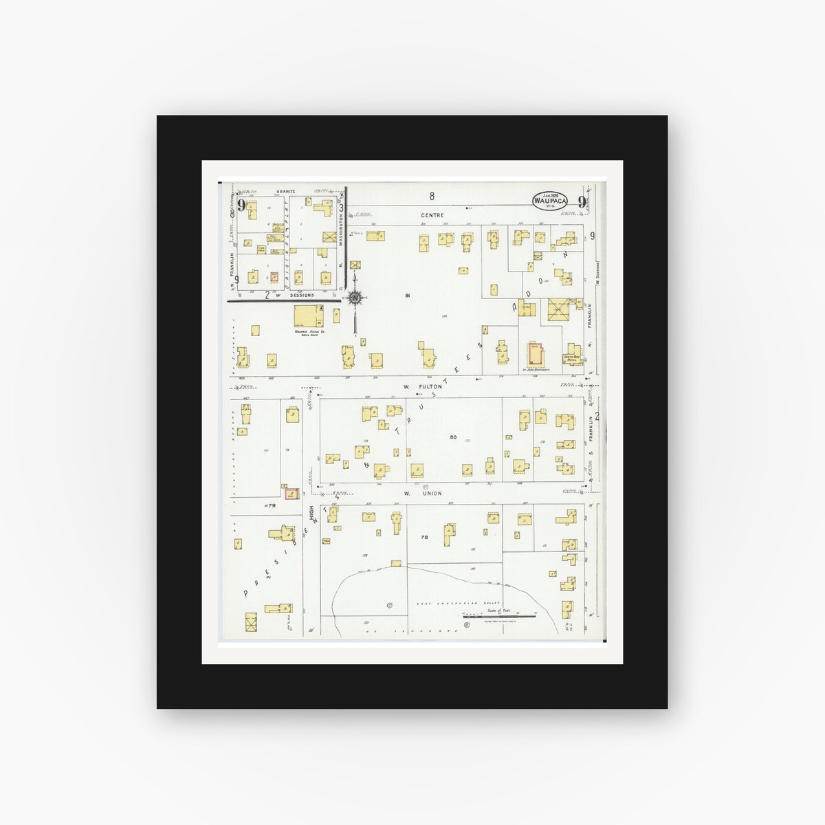 Old map wall art mockup — black gallery frame with white mat — Sanborn Fire Insurance Map from Waupaca, Waupaca County, Wisconsin (1924), Sheet #0009
