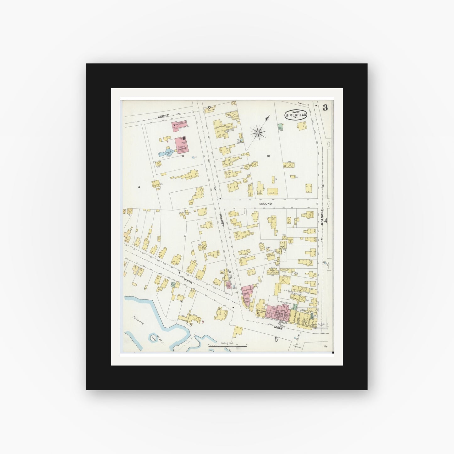 Old map wall art mockup — black gallery frame with white mat — Sanborn Fire Insurance Map from Riverhead, Suffolk County, New York (1897), Sheet #0003