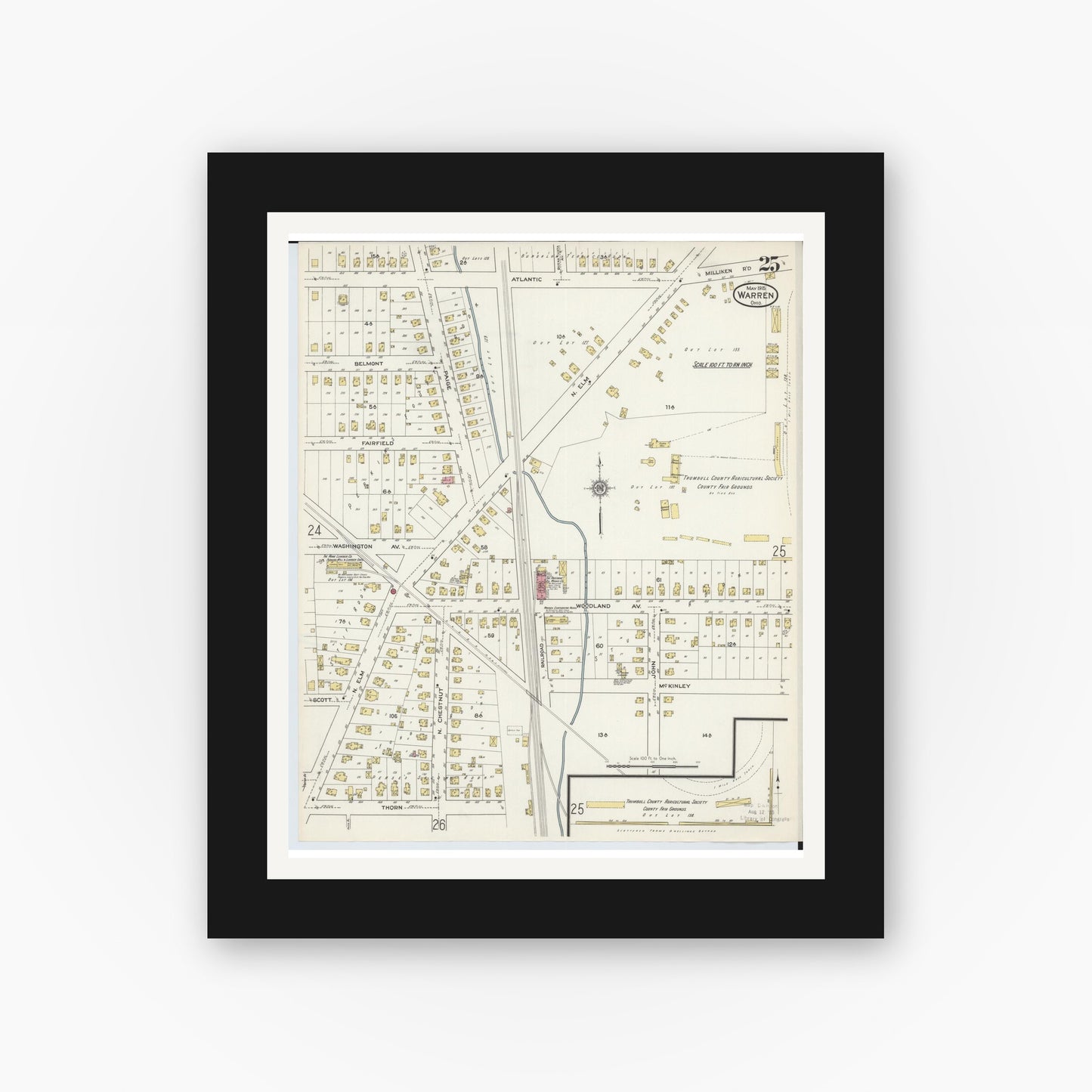 Old map wall art mockup — black gallery frame with white mat — Sanborn Fire Insurance Map from Warren, Trumbull County, Ohio (1915), Sheet #0025
