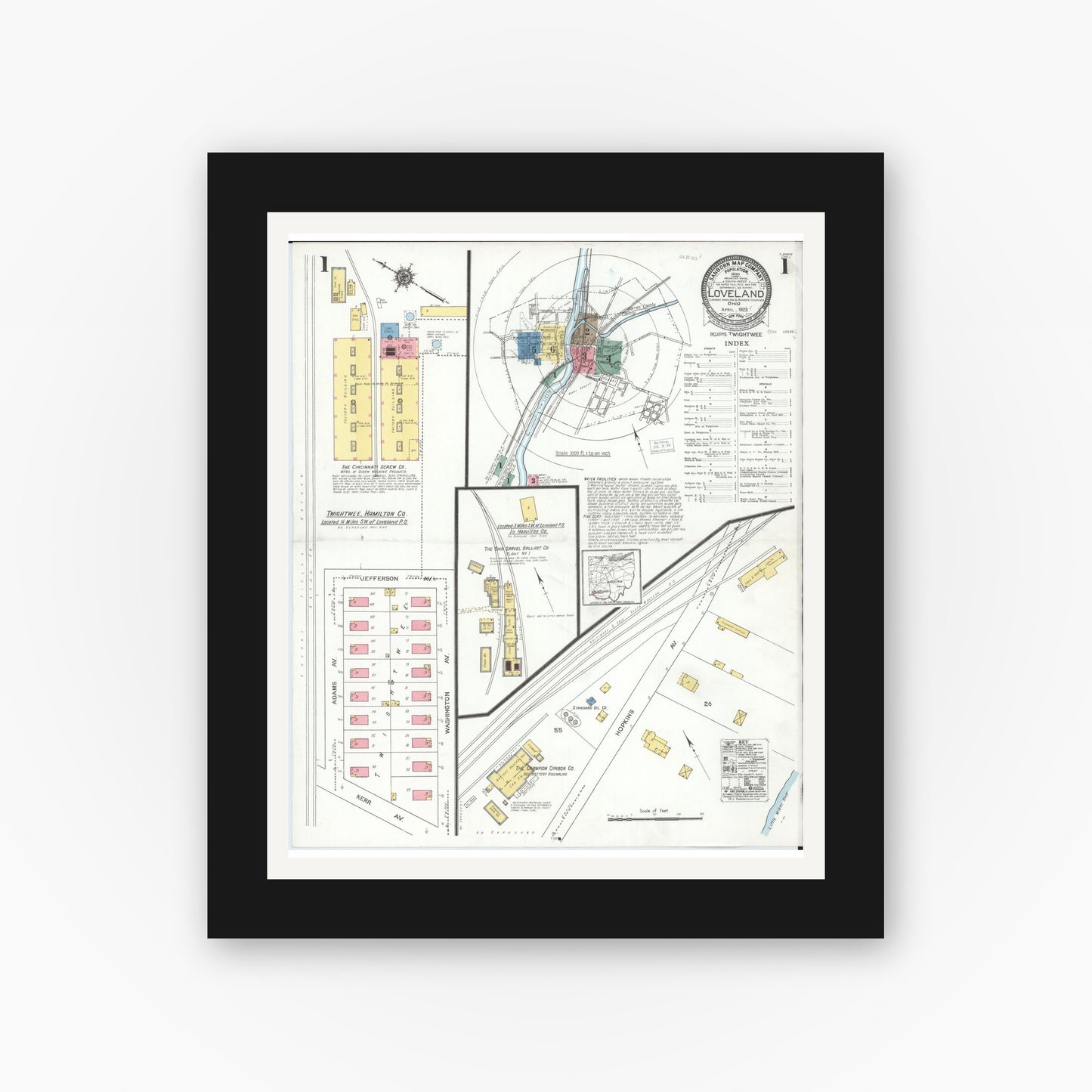 Old map wall art mockup — black gallery frame with white mat — Sanborn Fire Insurance Map from Loveland, Clermont, Hamilton, And Warren County, Ohio (1923) - Complete Map Set