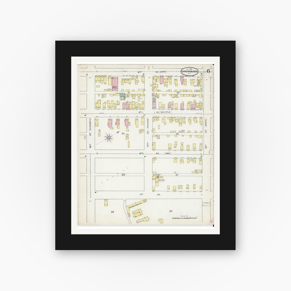 Old map wall art mockup — black gallery frame with white mat — Sanborn Fire Insurance Map from Lansingburg, Rensselaer County, New York (1892), Sheet #0006