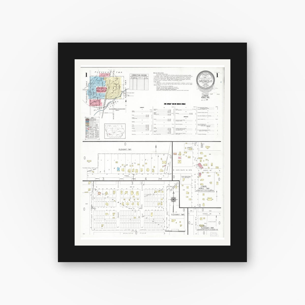 Old map wall art mockup — black gallery frame with white mat — Sanborn Fire Insurance Map from Griswold, Cass County, Iowa (1948), Sheet #0001