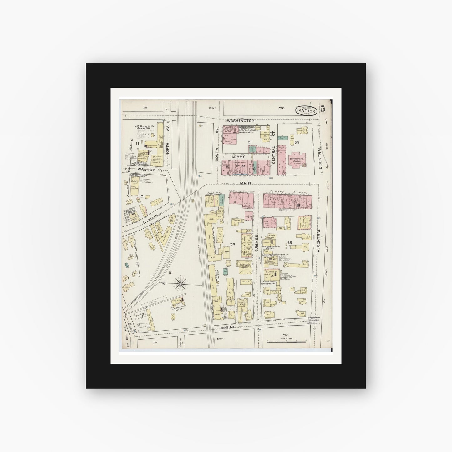 Old map wall art mockup — black gallery frame with white mat — Sanborn Fire Insurance Map from Natick, Middlesex County, Massachusetts (1888), Sheet #0005