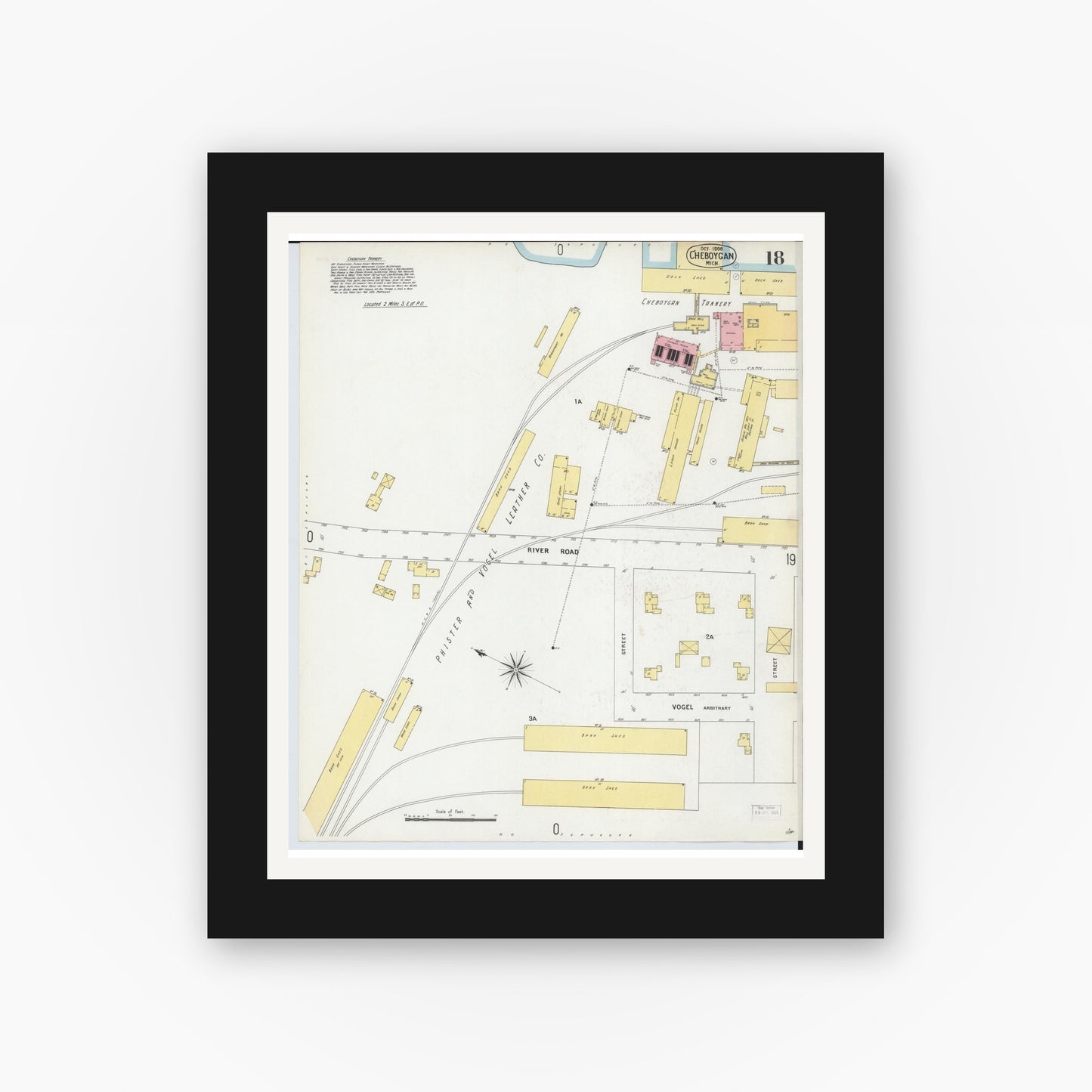 Old map wall art mockup — black gallery frame with white mat — Sanborn Fire Insurance Map from Cheboygan, Cheboygan County, Michigan (1900), Sheet #0018