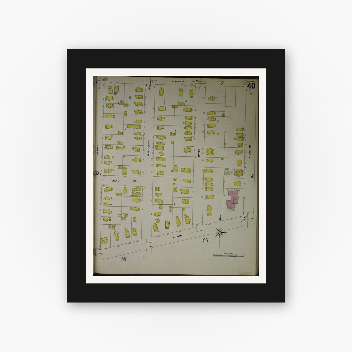 Old map wall art mockup — black gallery frame with white mat — Sanborn Fire Insurance Map from Jackson, Jackson County, Michigan (1907), Sheet #0040