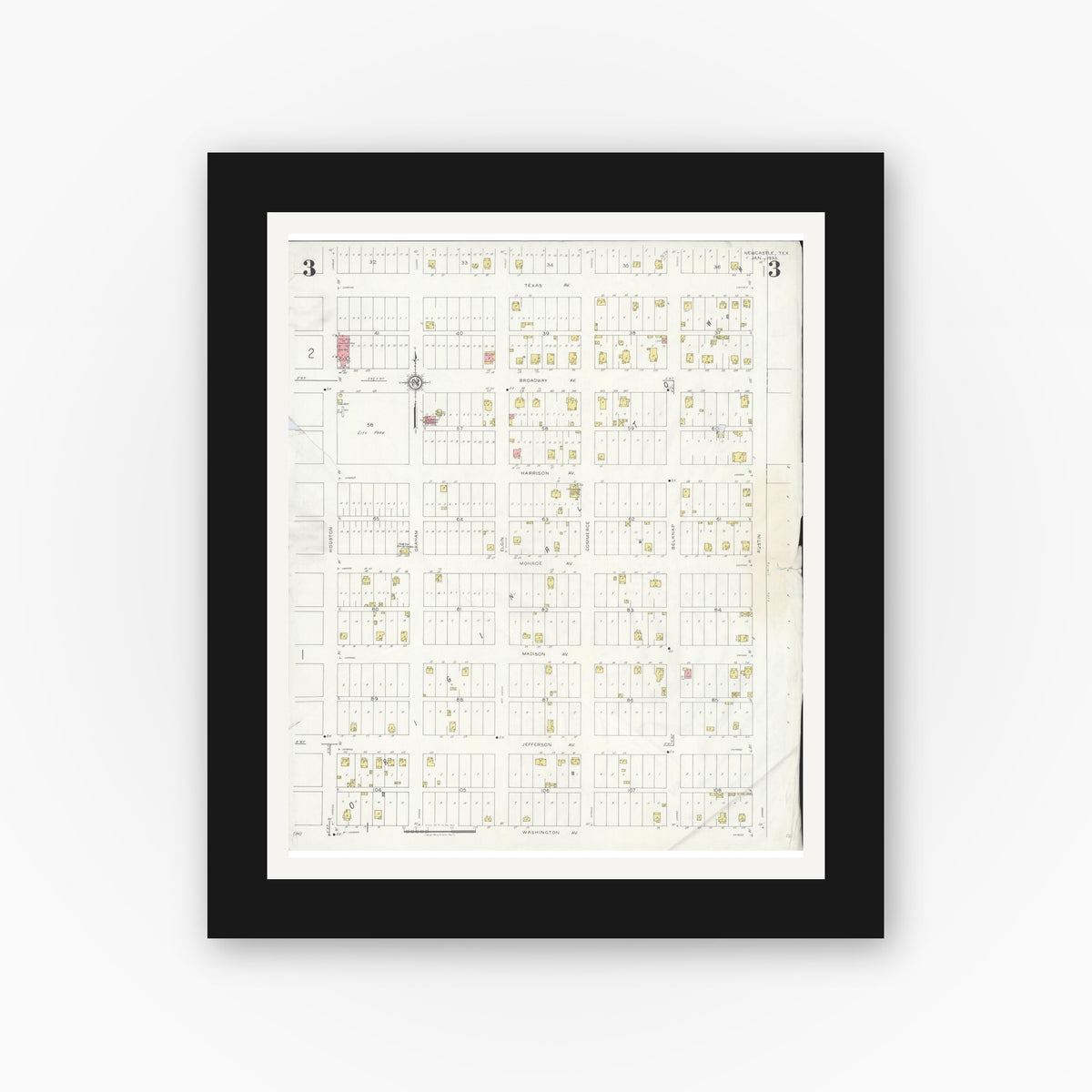 Old map wall art mockup — black gallery frame with white mat — Sanborn Fire Insurance Map from Newcastle, Young County, Texas (1933), Sheet #0003